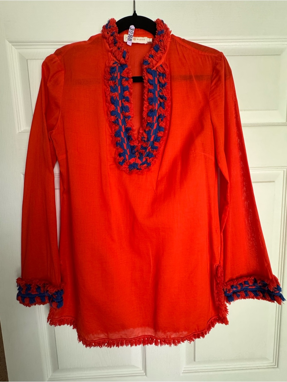Tory Burch- Orange /Blue Long-Sleeve Embroidered Tunic
